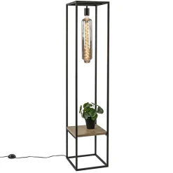 Vloerlamp zwart frame met houten plank