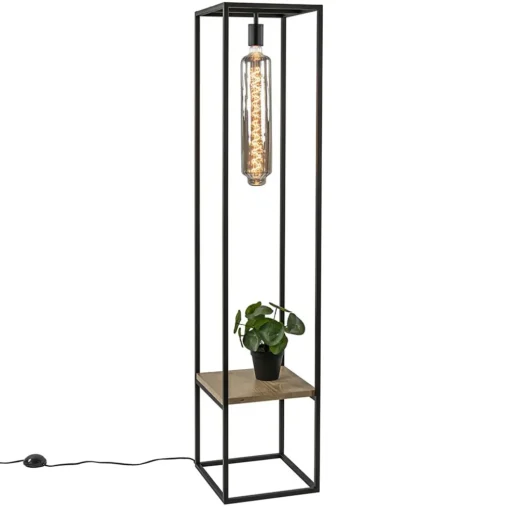 Vloerlamp zwart frame met houten plank