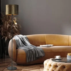 Vloerlamp zwart/goud met kap brons/goud