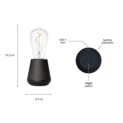 Zwart houten tafellamp oplaadbaar met helder glas