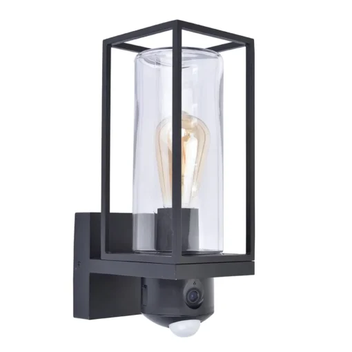 Zwarte buitenlamp rechthoek met glas en camera