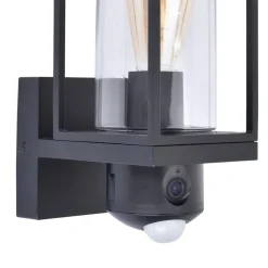 Zwarte buitenlamp rechthoek met glas en camera