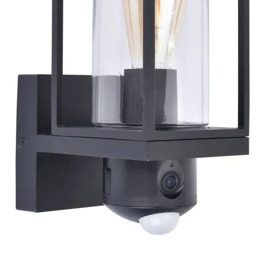Zwarte buitenlamp rechthoek met glas en camera