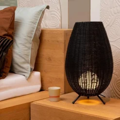 Zwarte rotan tafellamp met gouden driepoot